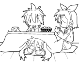 Dibujo de Miku, Rin y Len desayunando