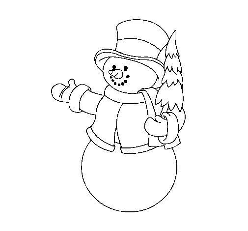 Dibujo de Muñeco de nieve con árbol para Colorear