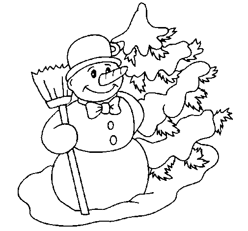 Dibujo de Muñeco de nieve y árbol navideño para Colorear