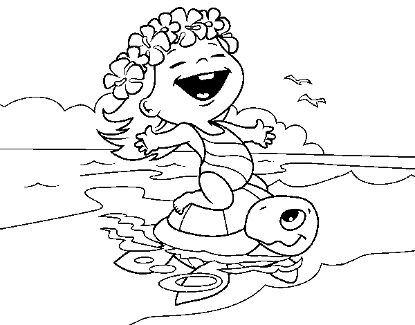 Dibujo de Niña con tortuga de mar para Colorear