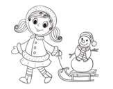 Dibujo de Niña con trineo y muñeco de nieve para colorear