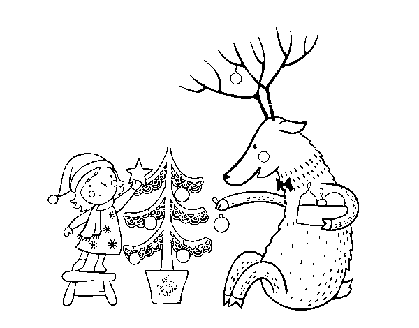 Dibujo de Niña y reno para Colorear