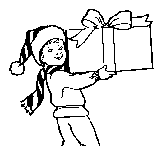 Dibujo de Niño con un enorme regalo para Colorear
