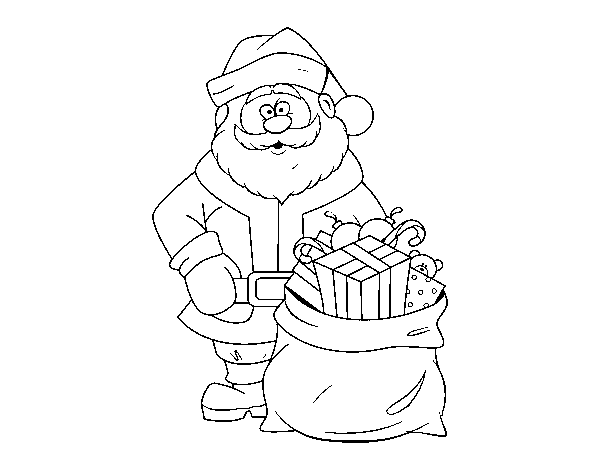Dibujo de Papá Noel con bolsa de regalos para Colorear