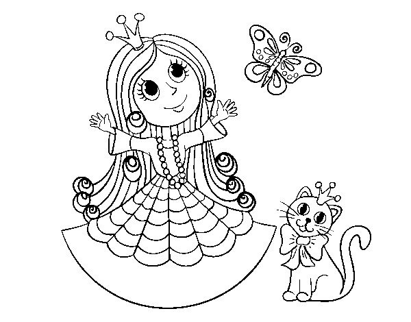 Dibujo de Princesa con gato y mariposa para Colorear