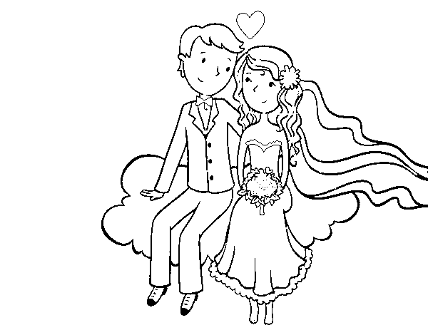 Dibujo de Recién casados en una nube para Colorear