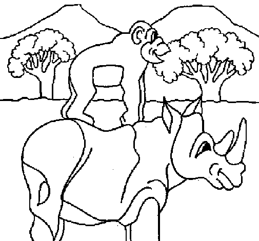 Dibujo de Rinoceronte y mono para Colorear