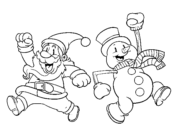 Dibujo de Santa Claus y muñeco de nieve saltando para Colorear