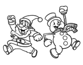 Dibujo de Santa Claus y muñeco de nieve saltando para colorear
