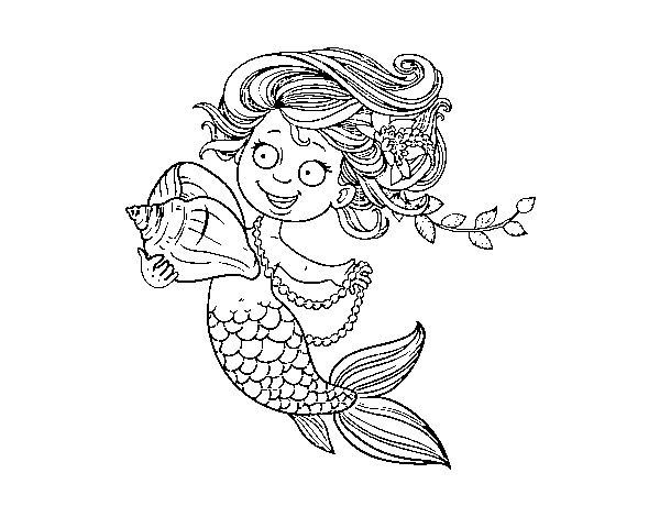 Dibujo de Sirena con caracola y perlas para Colorear