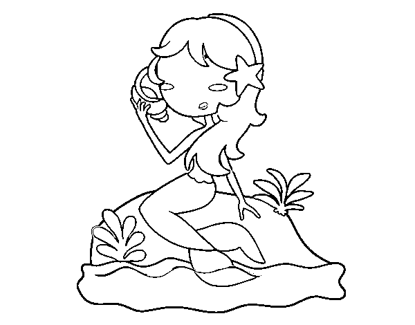 Dibujo de Sirena sentada en una roca con una caracola para Colorear